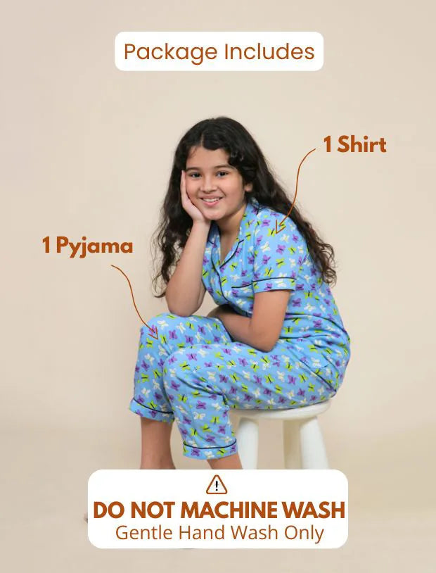 Pure Rayon Butterfly Printed Night Suits for Girls Kids (Blue)-Tweeny Mini