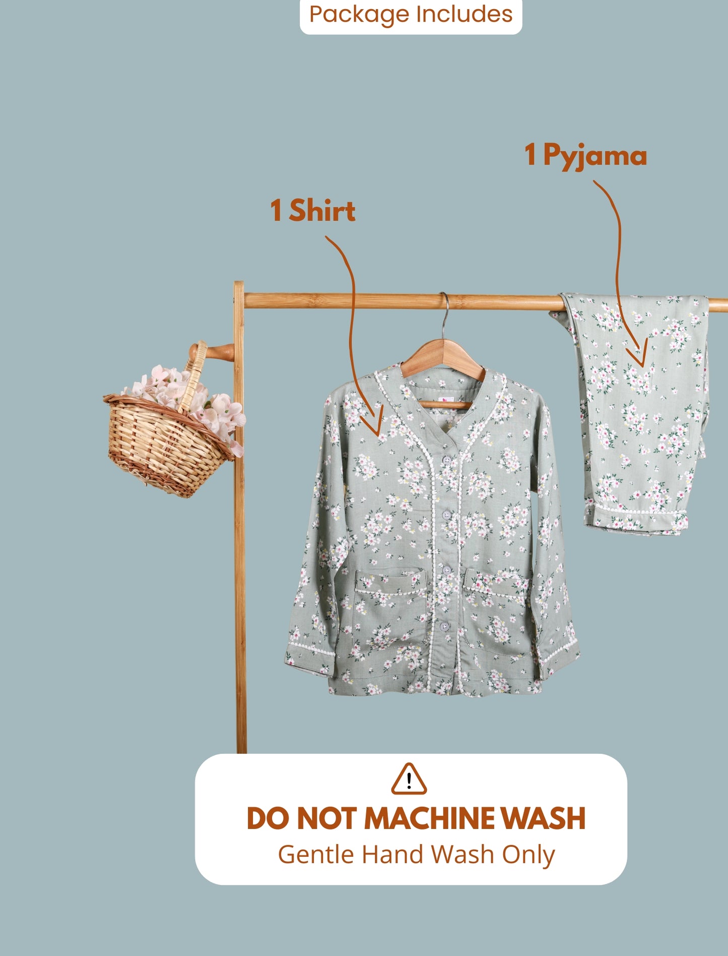 Set of shirt and pyjama on a wooden rack with text indicating contents and washing instructions.