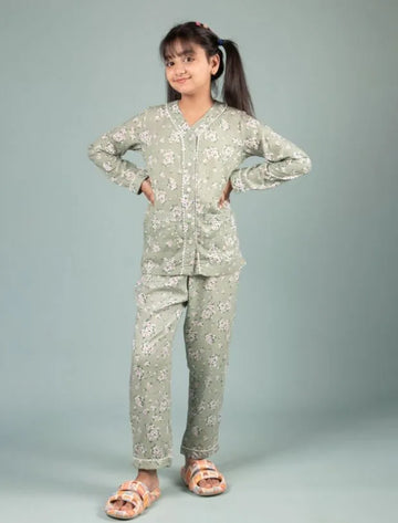 Pure Rayon Floral Nightsuit for Girls Kids (Full Sleeves, Green)-Tweeny Mini