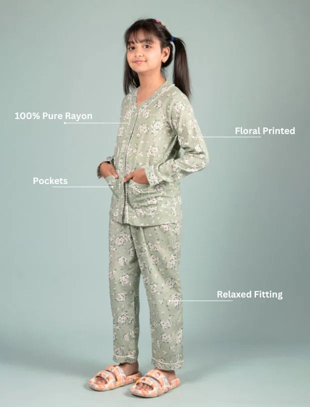 Pure Rayon Floral Nightsuit for Girls Kids (Full Sleeves, Green)-Tweeny Mini