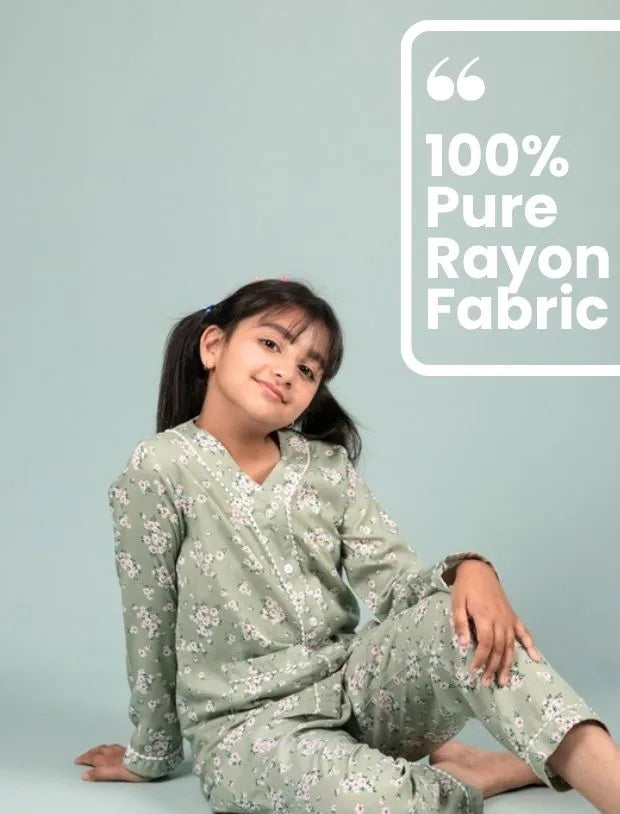 Pure Rayon Floral Nightsuit for Girls Kids (Full Sleeves, Green)-Tweeny Mini