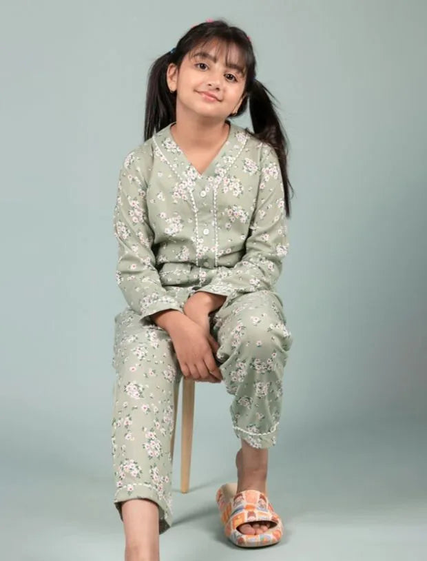 Pure Rayon Floral Nightsuit for Girls Kids (Full Sleeves, Green)-Tweeny Mini