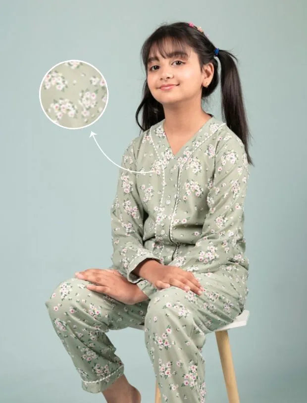 Pure Rayon Floral Nightsuit for Girls Kids (Full Sleeves, Green)-Tweeny Mini