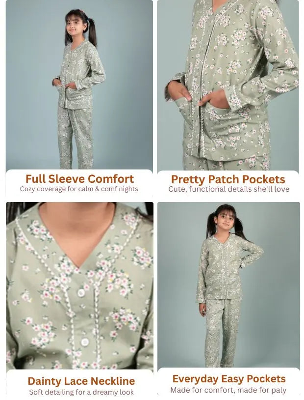 Pure Rayon Floral Nightsuit for Girls Kids (Full Sleeves, Green)-Tweeny Mini
