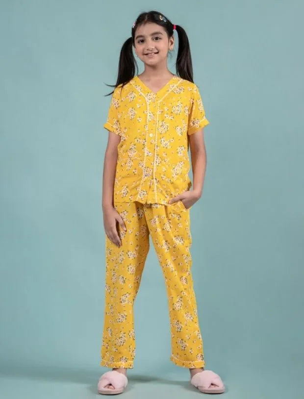 Pure Rayon Floral Nightwear for Girls Kids (Half Sleeve, Yellow)-Tweeny Mini