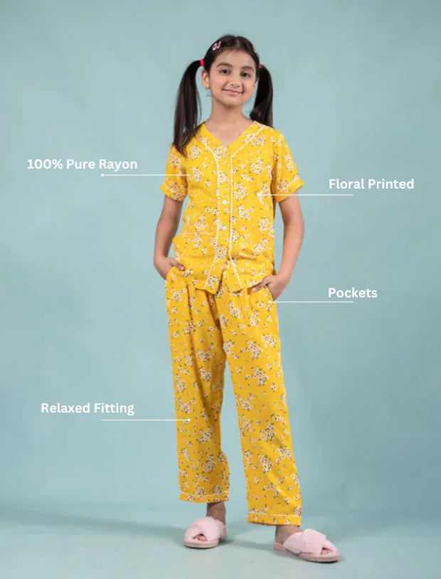 Pure Rayon Floral Nightwear for Girls Kids (Half Sleeve, Yellow)-Tweeny Mini