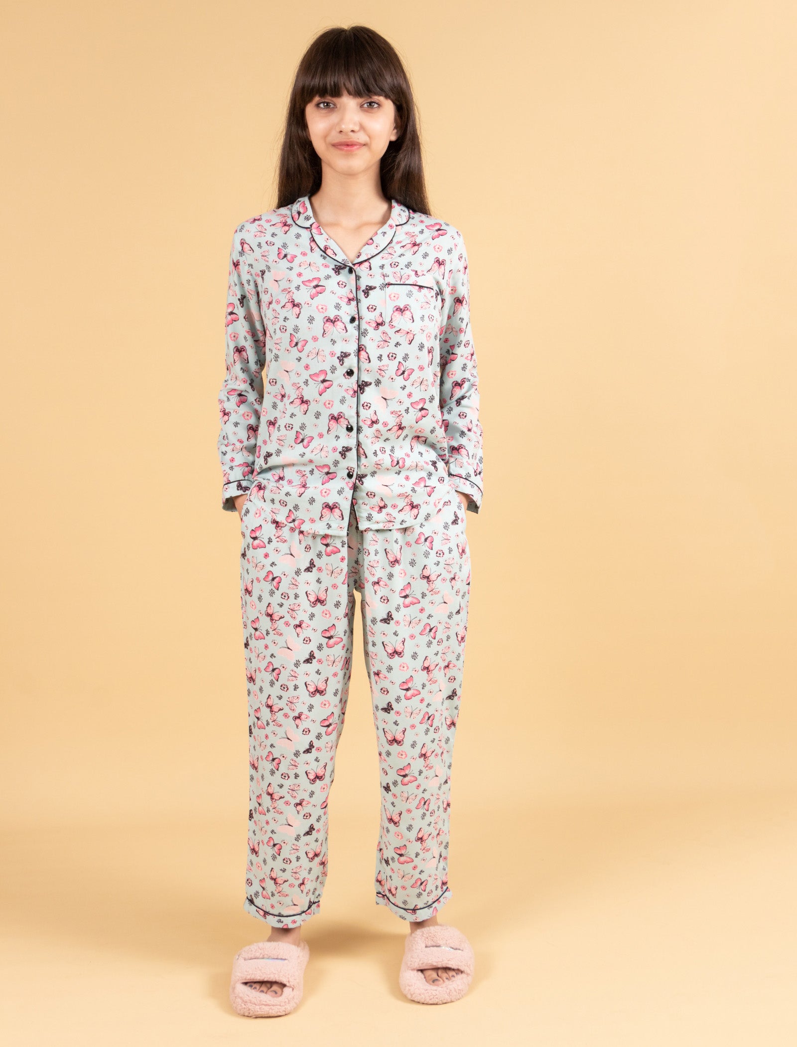 Pure Rayon Butterfly Printed Nightwear for Girls Kids (Full Sleeves, Blue) - Tweeny Mini