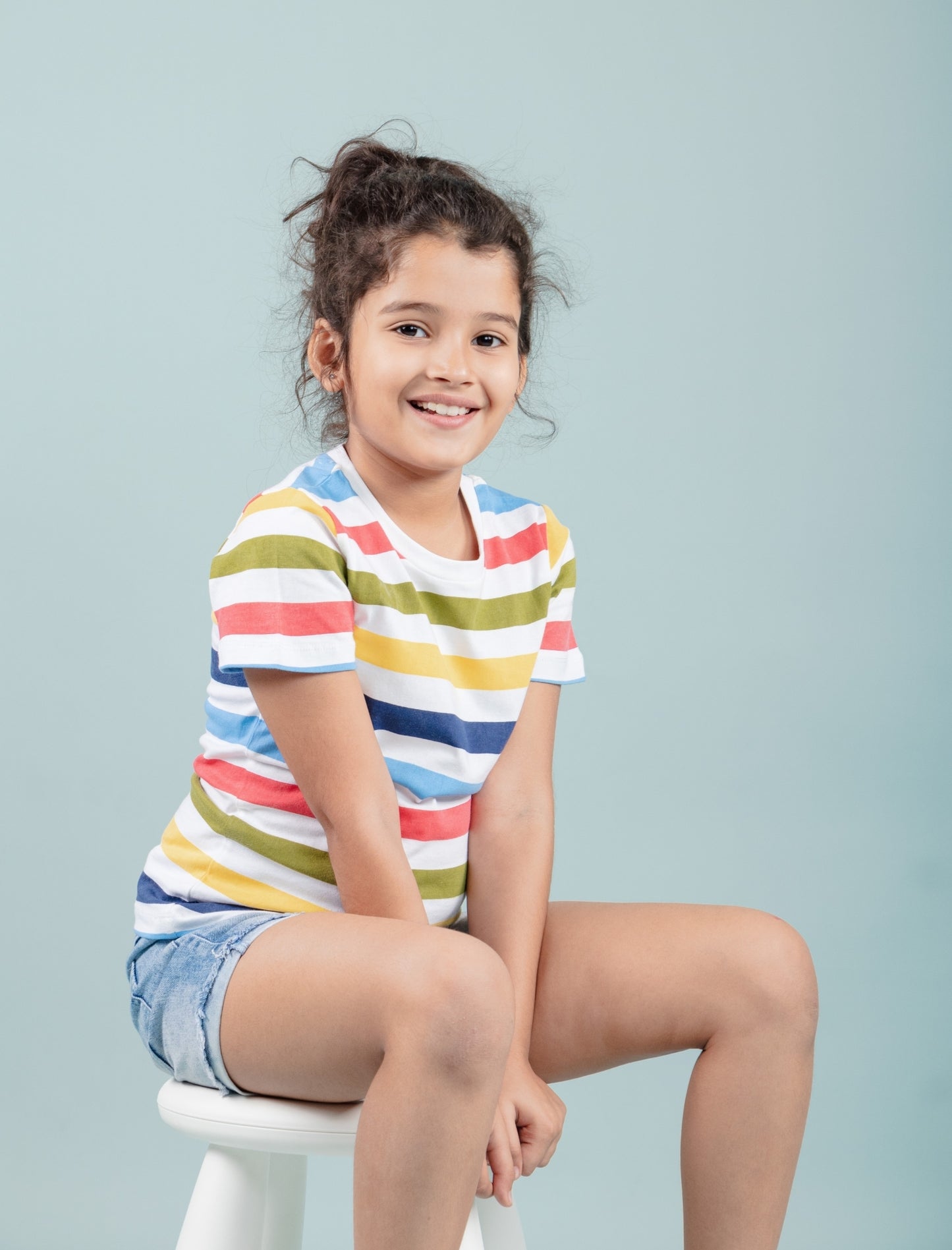 Hand Printed Half Sleeve Pure Cotton T-Shirt for Girls Kids (Multi Striped) - Tweeny Mini