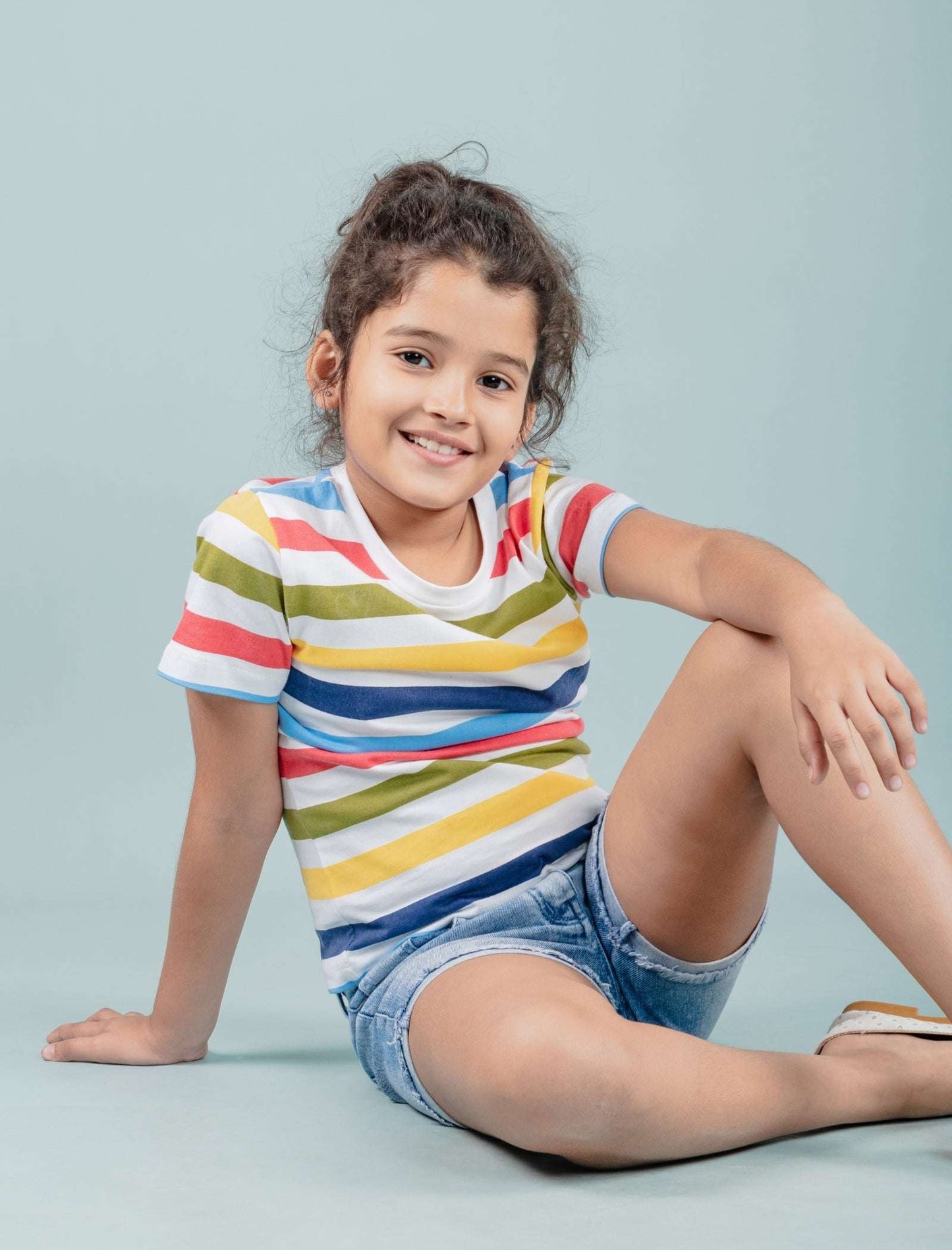 Hand Printed Half Sleeve Pure Cotton T-Shirt for Girls Kids (Multi Striped) - Tweeny Mini