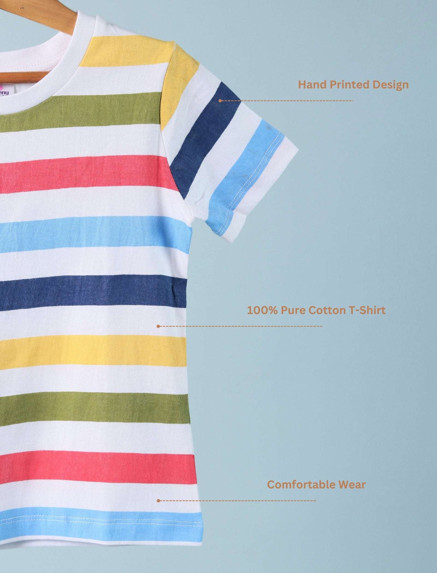 Hand Printed Half Sleeve Pure Cotton T-Shirt for Girls Kids (Multi Striped) - Tweeny Mini