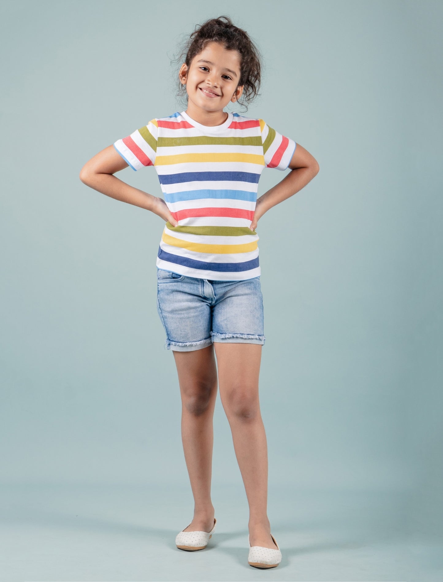 Hand Printed Half Sleeve Pure Cotton T-Shirt for Girls Kids (Multi Striped) - Tweeny Mini