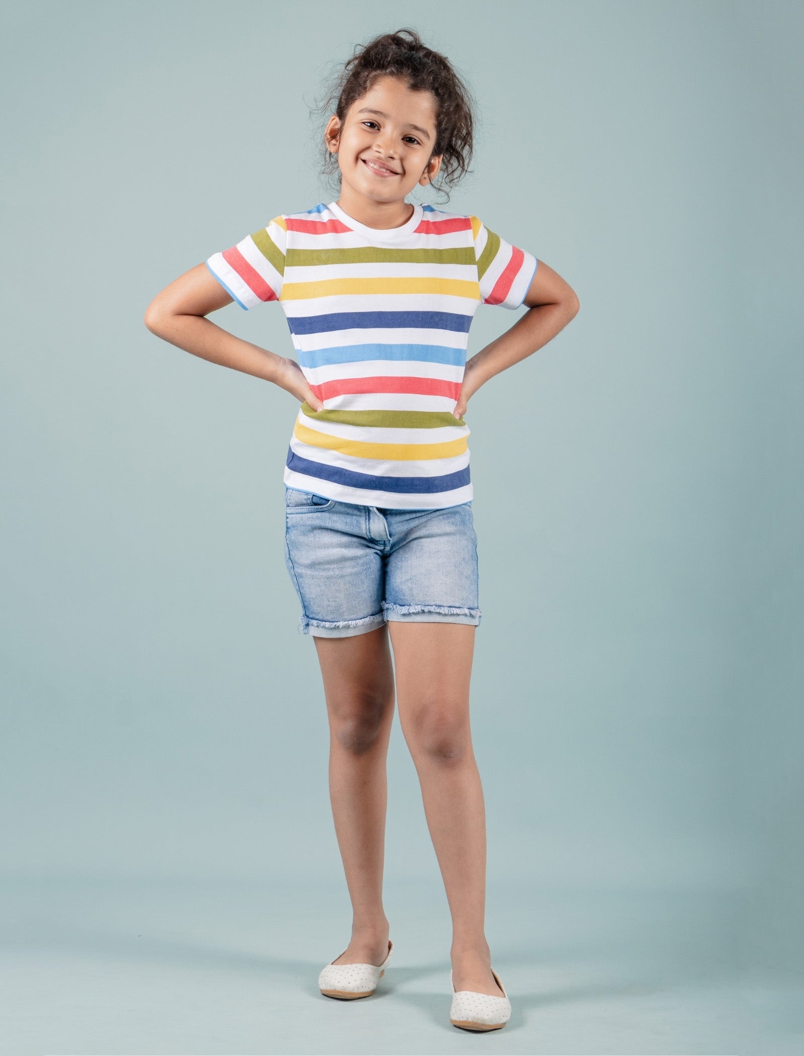 Hand Printed Half Sleeve Pure Cotton T-Shirt for Girls Kids (Multi Striped) - Tweeny Mini