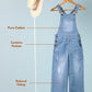 Blue denim overalls on a hanger with text highlighting features on a light blue background
