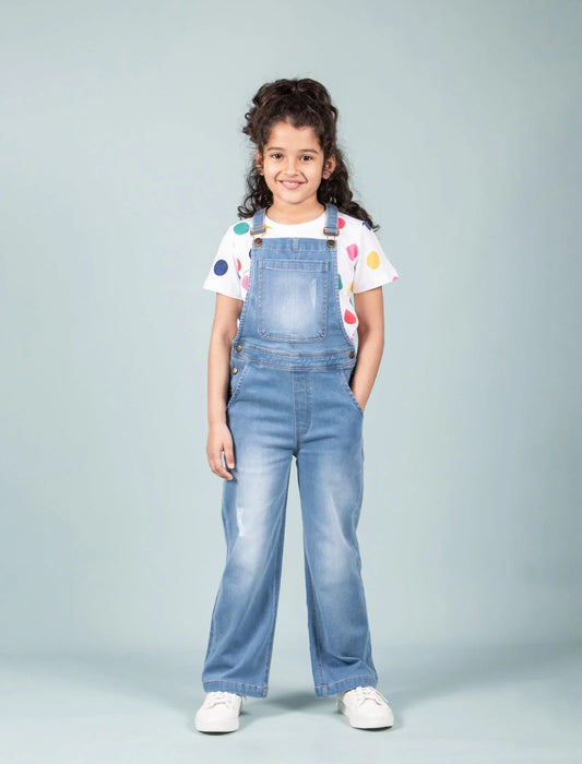 Relaxed Denim Dungaree for Girls Kids (Light Blue) - Tweeny Mini