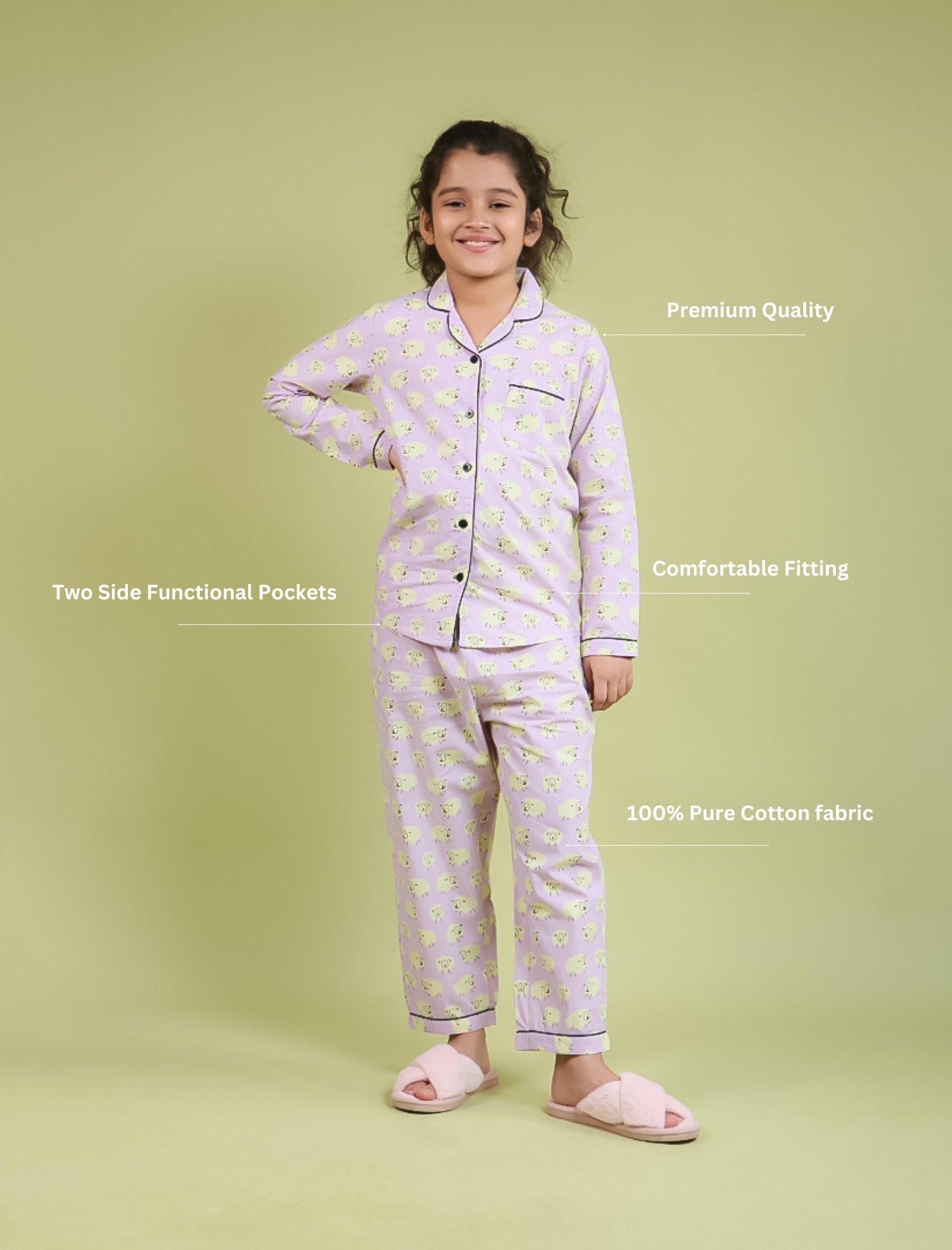 Little Sheep Printed Nightsuit for Girls Kids (Full Sleeves, Lavender) - Tweeny Mini
