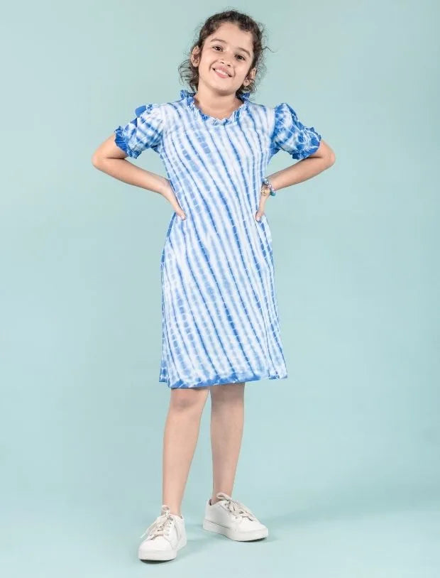 Shibori Style Kids Girls Tie Dye Dress with Puff Sleeves (Classic Blue)
-Tweeny Mini