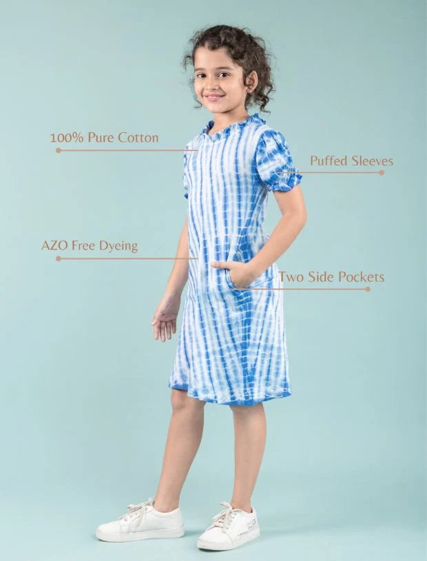 Shibori Style Kids Girls Tie Dye Dress with Puff Sleeves (Classic Blue)-Tweeny Mini
