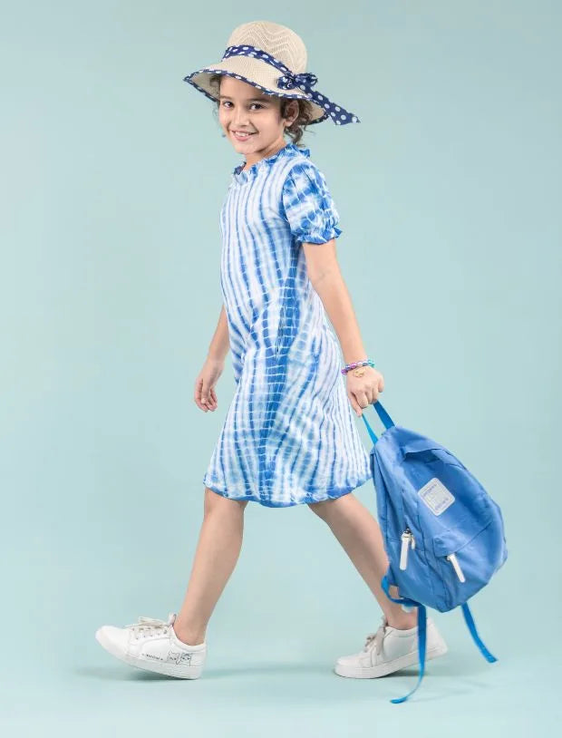 Shibori Style Kids Girls Tie Dye Dress with Puff Sleeves (Classic Blue)-Tweeny Mini
