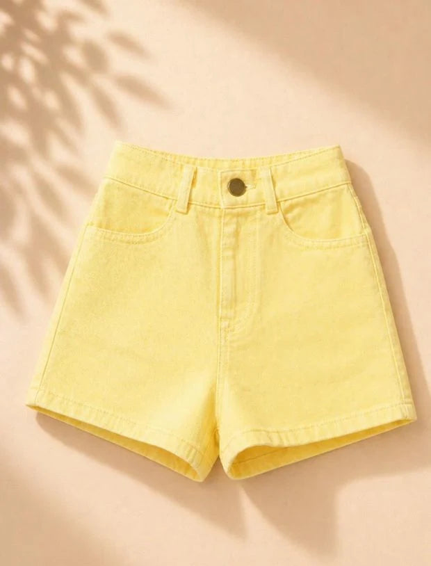 Girls Yellow Denim Cotton Shorts-Tweeny Mini