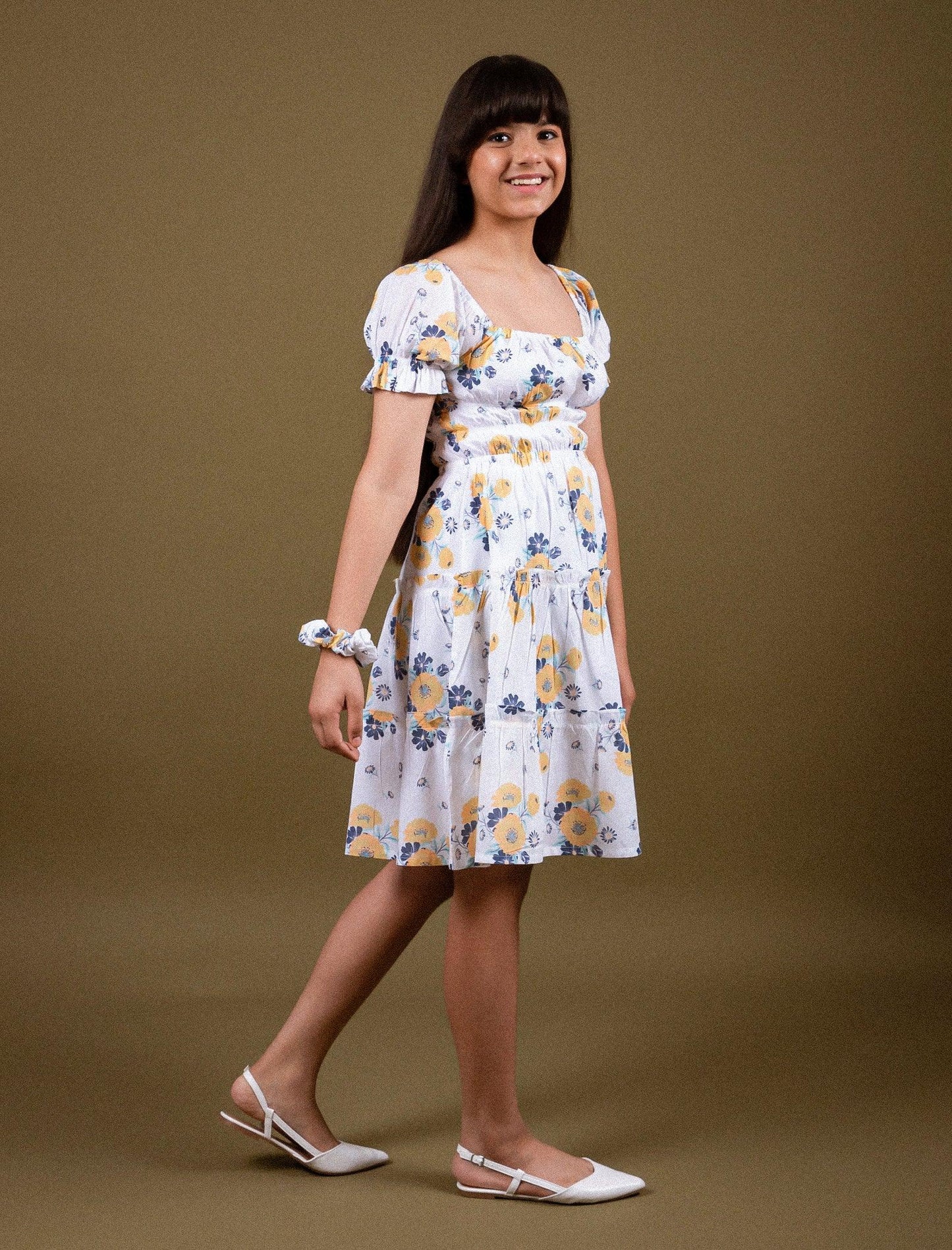 Classic Smocked Floral Dress for Girls Kids (White) - Tweeny Mini