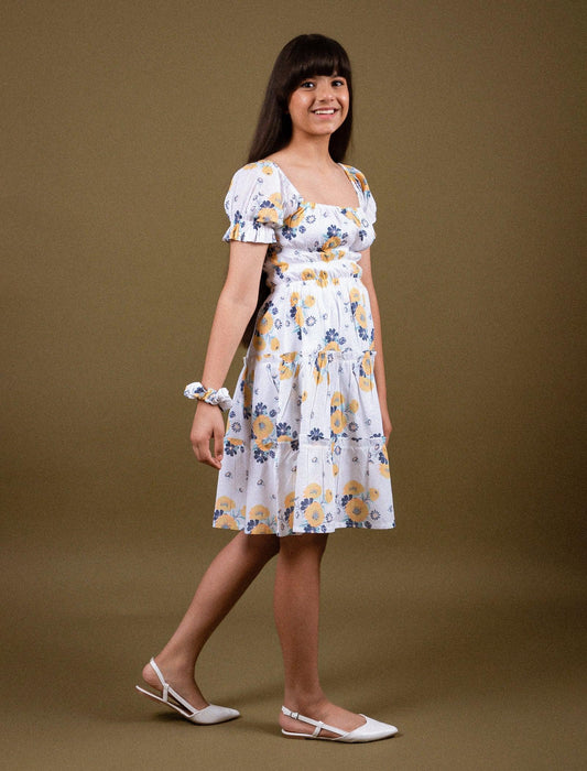 Classic Smocked Floral Dress for Girls Kids (White) - Tweeny Mini