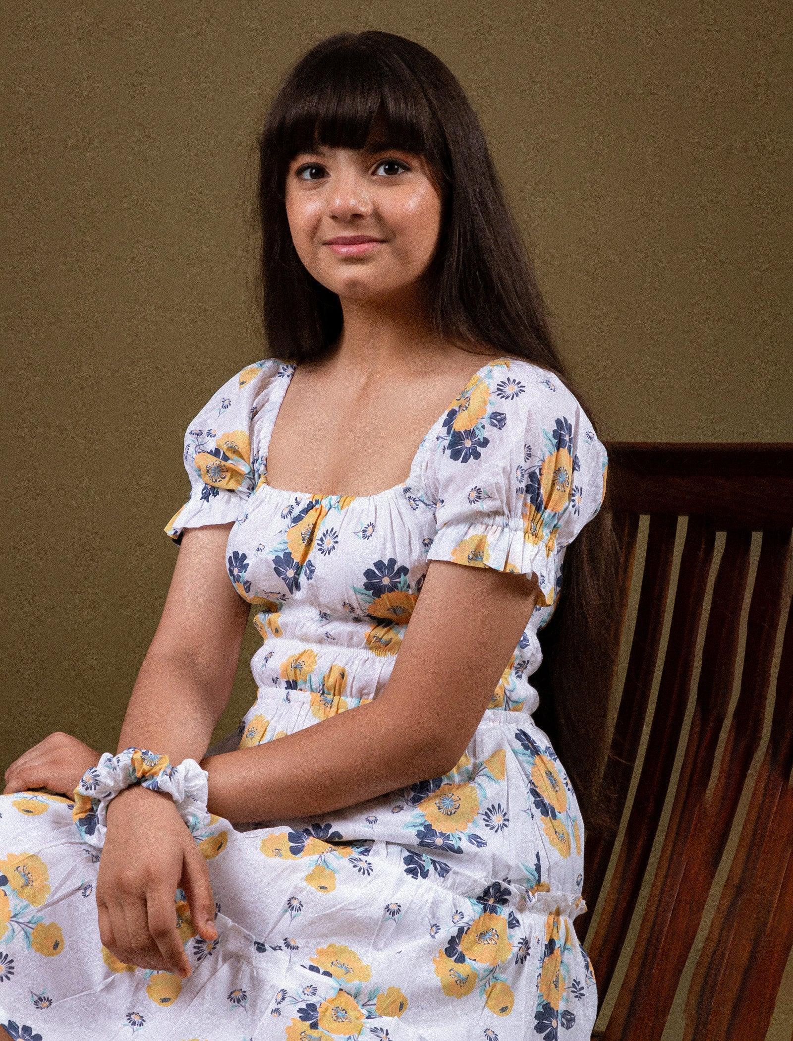 Classic Smocked Floral Dress for Girls Kids (White) - Tweeny Mini