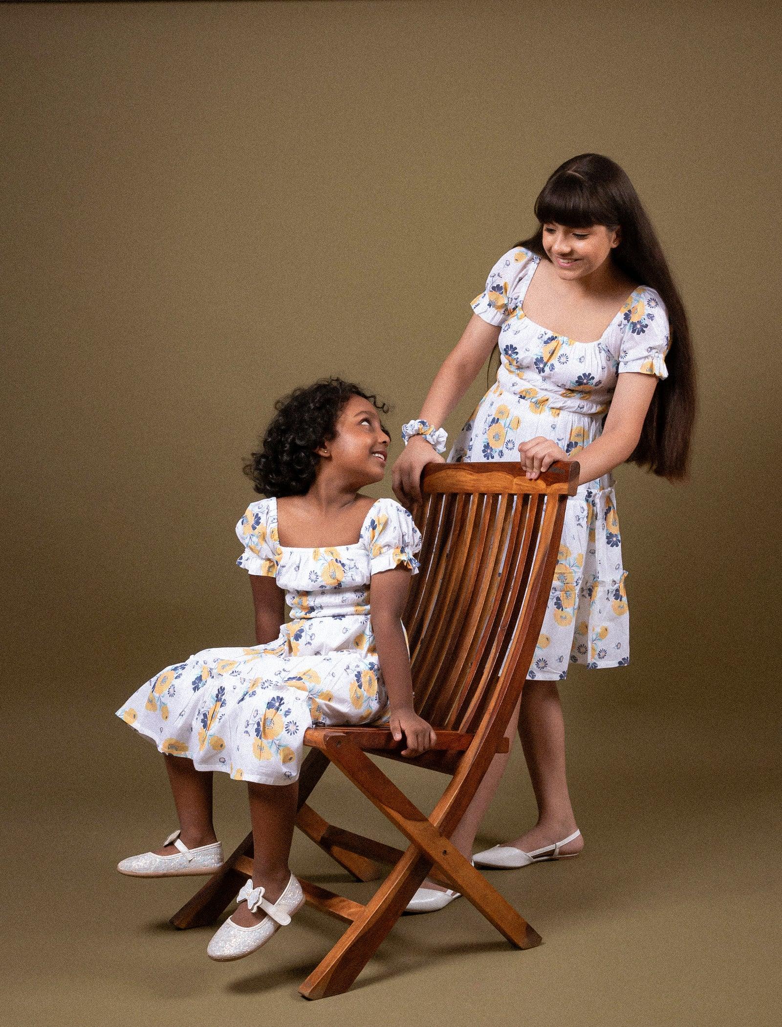 Classic Smocked Floral Dress for Girls Kids (White) - Tweeny Mini