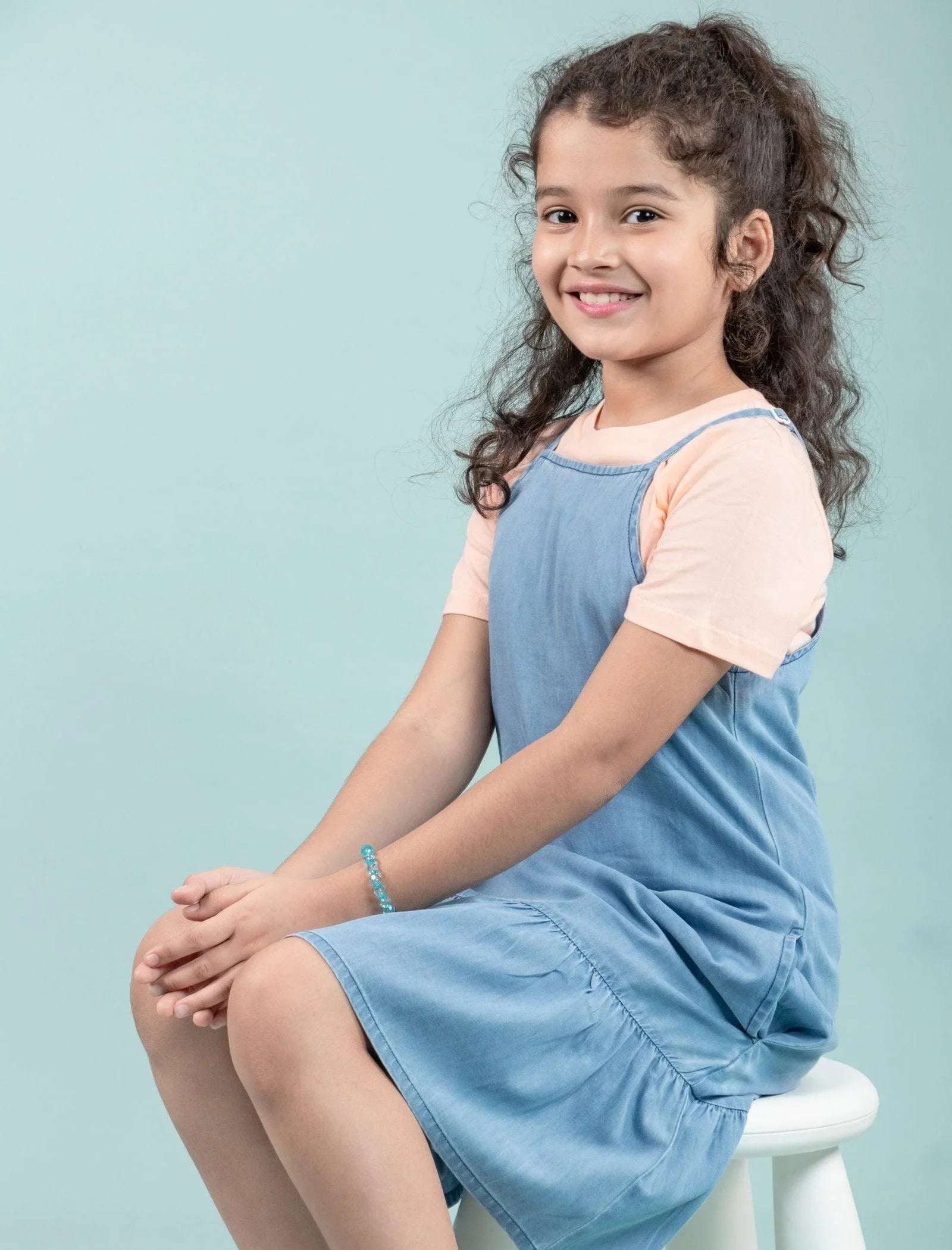 Strappy Denim Kids Girls Pinafore Dress with T-Shirt (Light Blue) - Tweeny Mini
