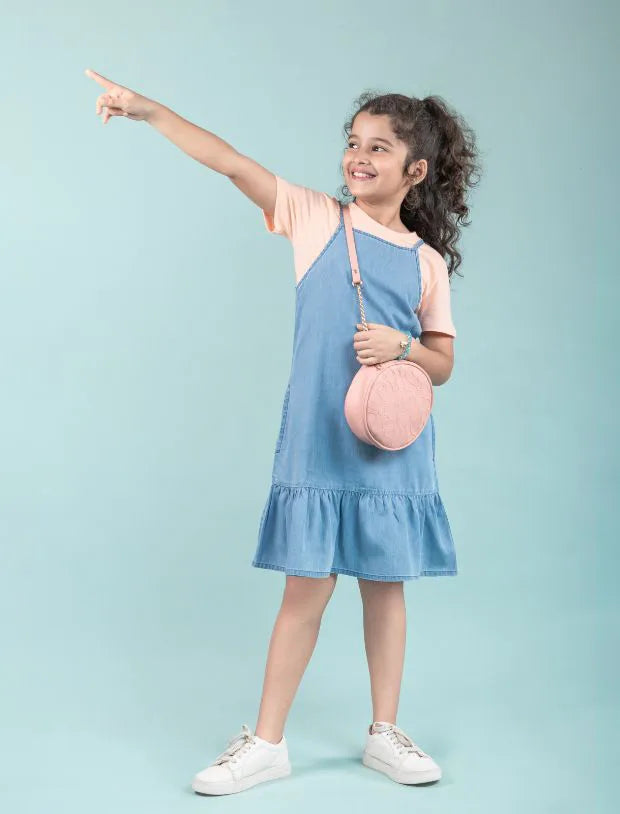 Strappy Denim Kids Girls Pinafore Dress with T-Shirt -Tweeny Mini