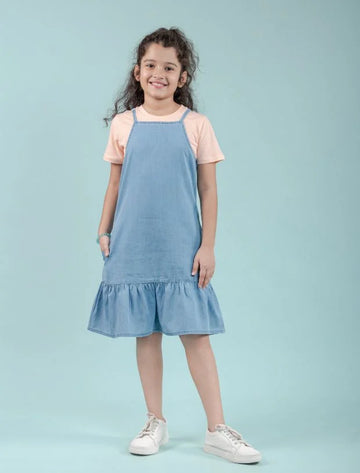 Strappy Denim Kids Girls Pinafore Dress with T-Shirt -Tweeny Mini