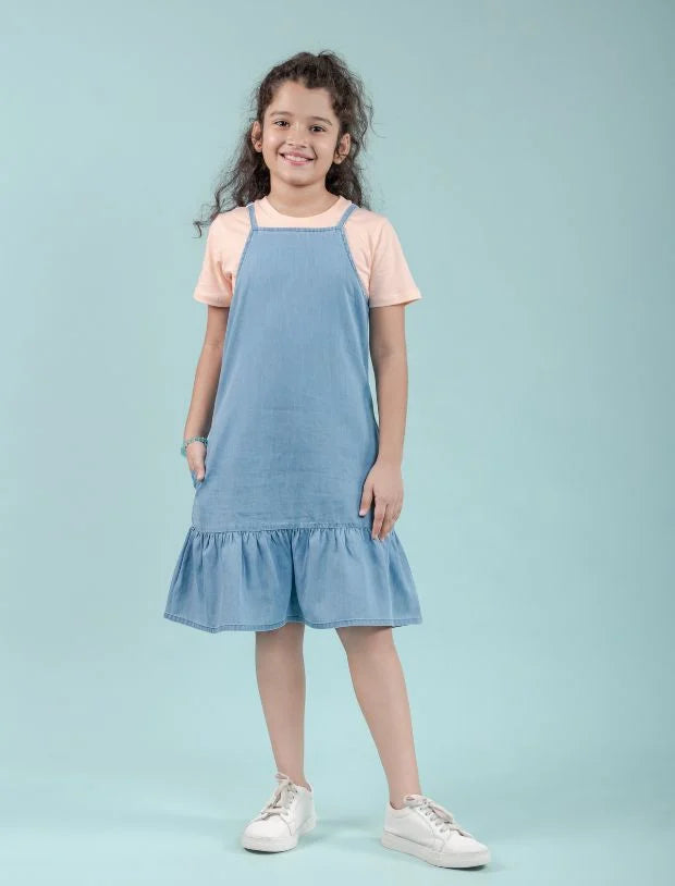Strappy Denim Kids Girls Pinafore Dress with T-Shirt -Tweeny Mini