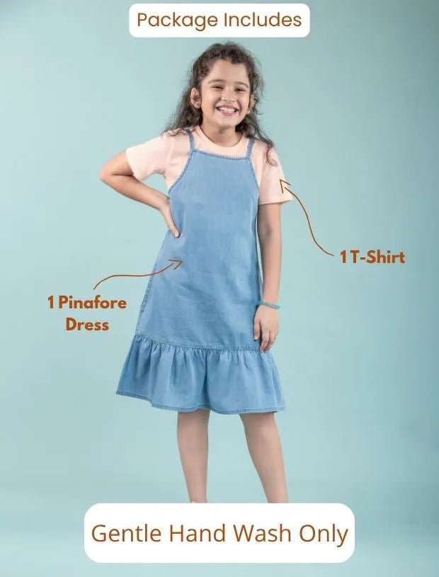 Strappy Denim Kids Girls Pinafore Dress with T-Shirt -Tweeny Mini