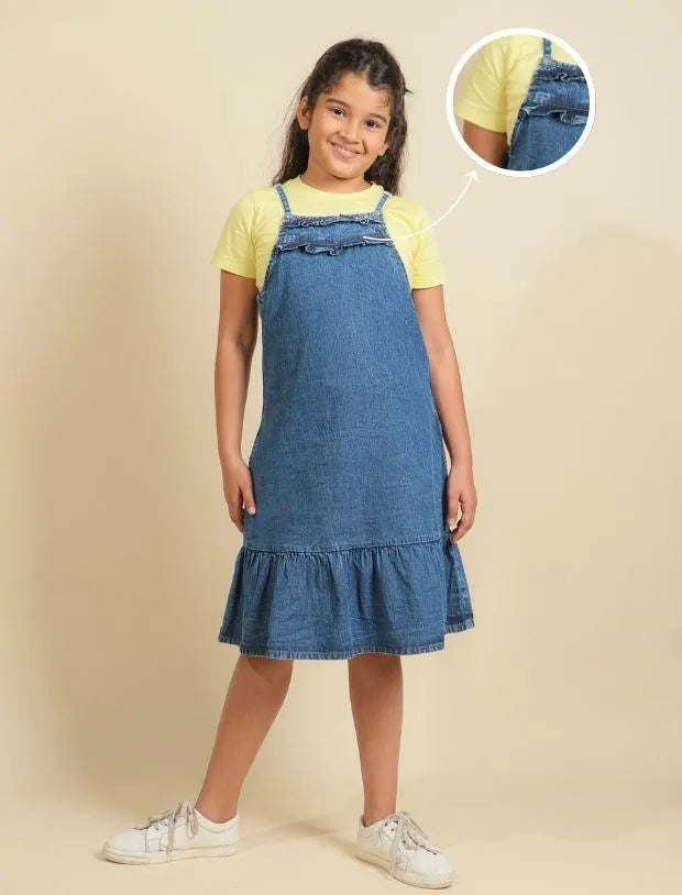 Strappy Girls Denim Pinafore Dress with T-Shirt Set-Tweeny Mini