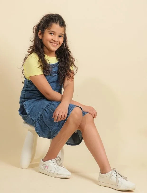 Strappy Girls Denim Pinafore Dress with T-Shirt Set-Tweeny Mini