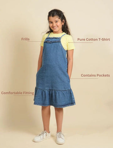 Strappy Girls Denim Pinafore Dress with T-Shirt Set-Tweeny Mini