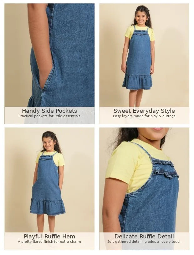 Strappy Girls Denim Pinafore Dress with T-Shirt Set-Tweeny Mini