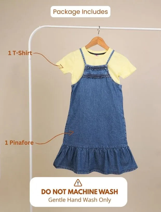 Strappy Girls Denim Pinafore Dress with T-Shirt Set-Tweeny Mini