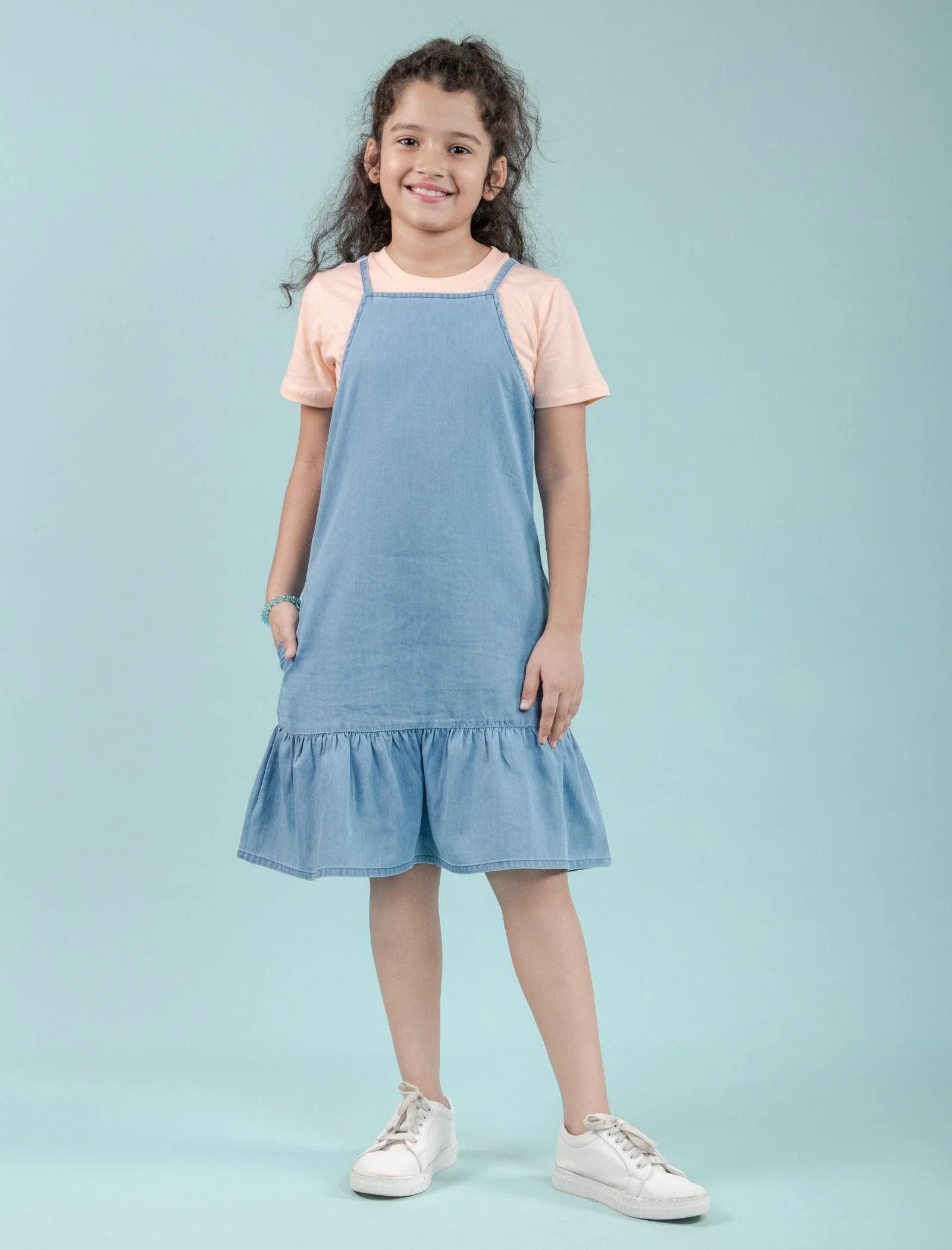 Strappy Denim Kids Girls Pinafore Dress with T-Shirt (Light Blue) - Tweeny Mini