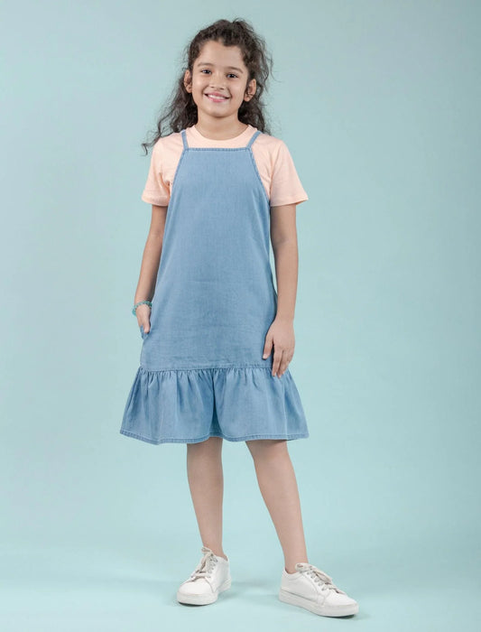 Strappy Denim Kids Girls Pinafore Dress with T-Shirt (Light Blue) - Tweeny Mini