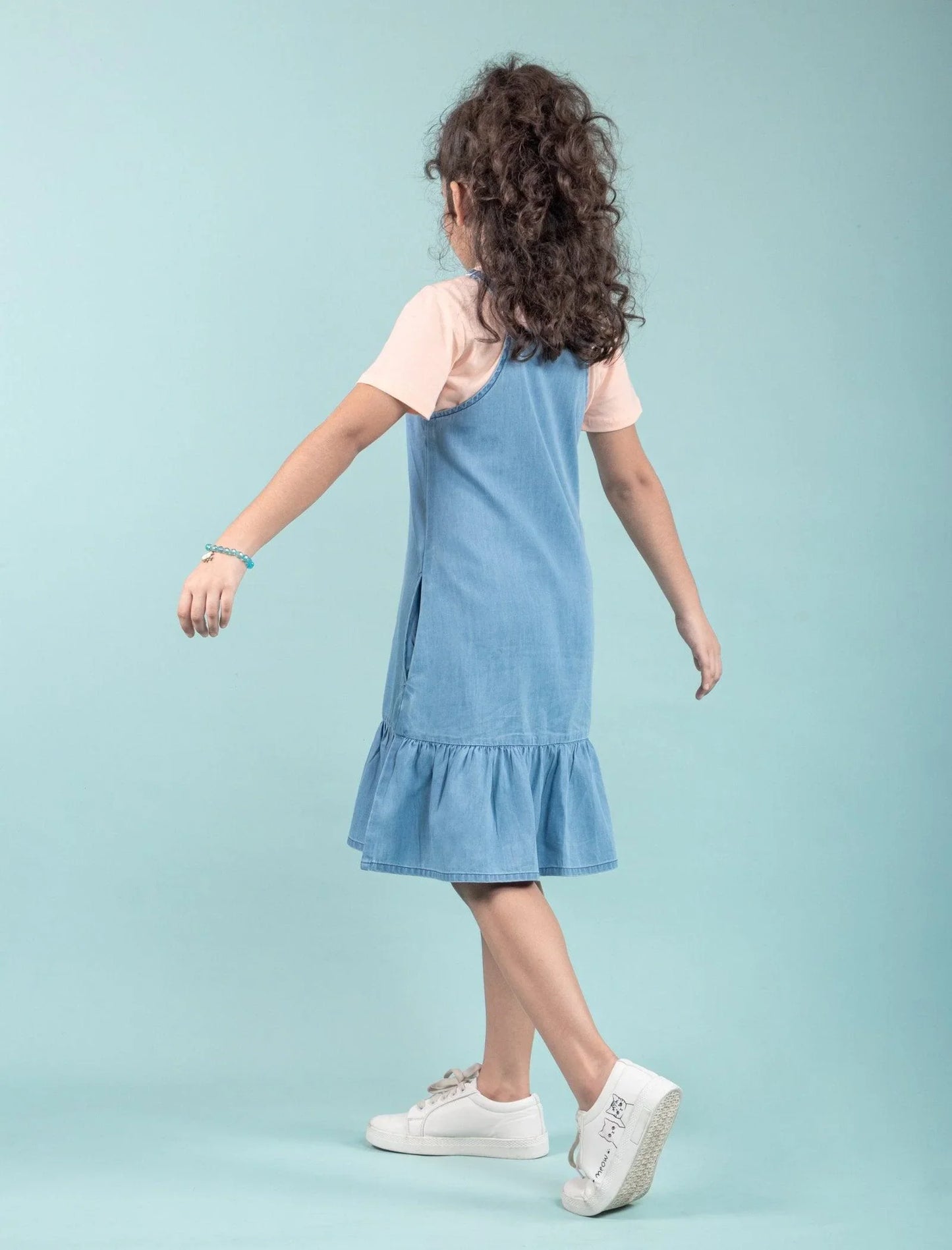 Strappy Denim Kids Girls Pinafore Dress with T-Shirt (Light Blue) - Tweeny Mini