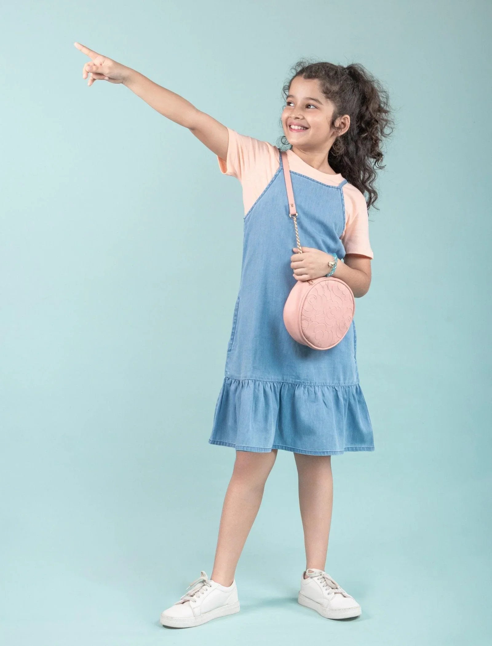 Strappy Denim Kids Girls Pinafore Dress with T-Shirt (Light Blue) - Tweeny Mini