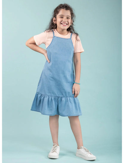 Strappy Denim Kids Girls Pinafore Dress with T-Shirt (Light Blue) - Tweeny Mini