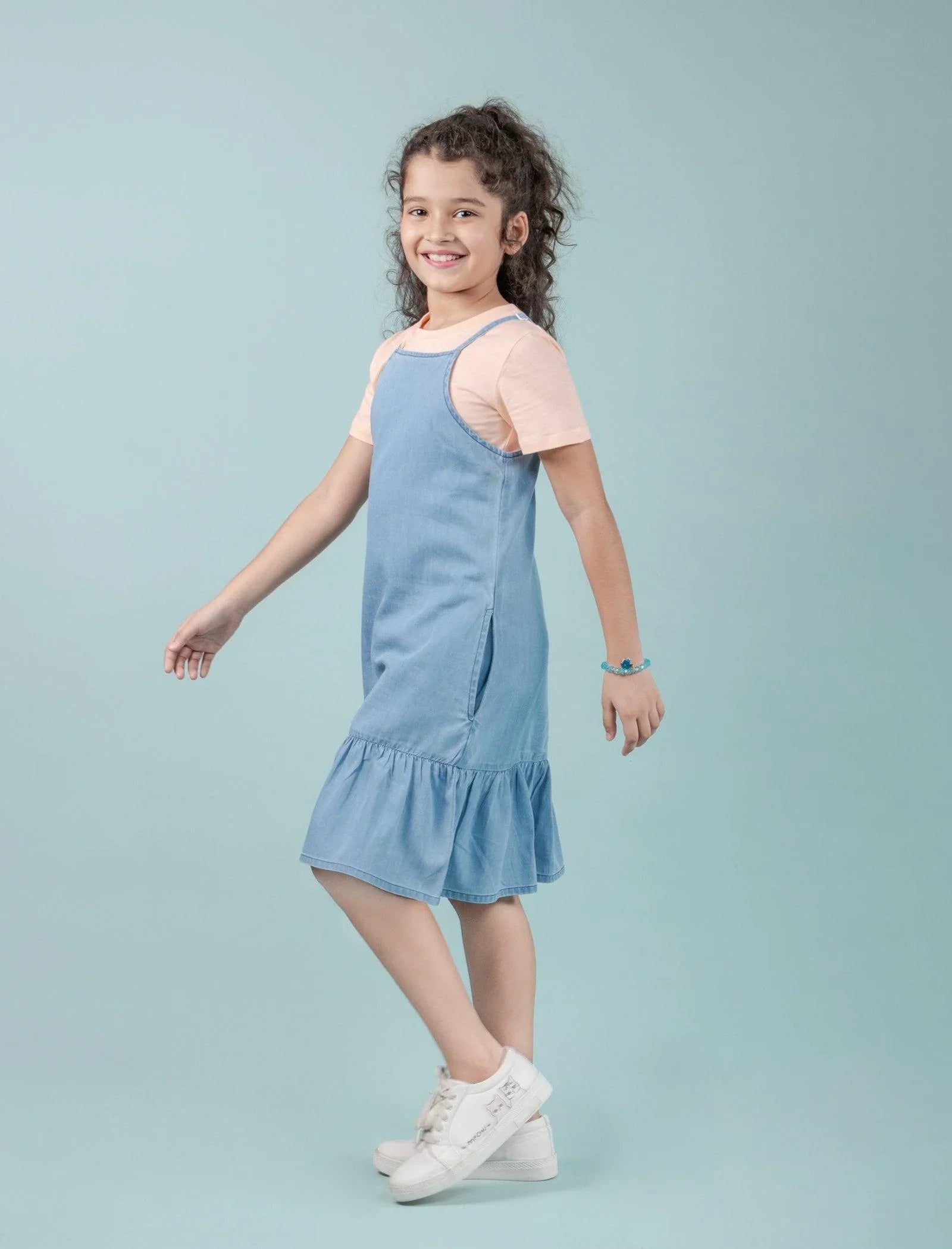 Strappy Denim Kids Girls Pinafore Dress with T-Shirt (Light Blue) - Tweeny Mini