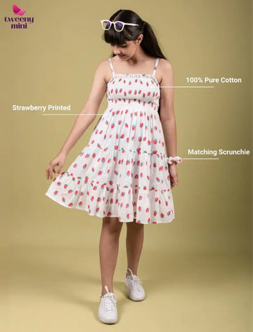 Strawberry Printed Summer Dress for Girls Kids with Matching Scrunchies (Red)-Tweeny Mini