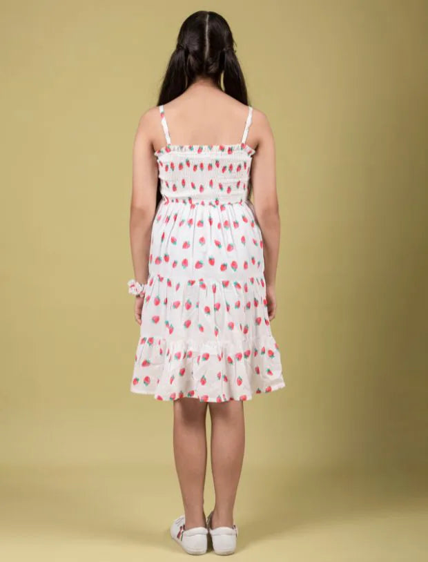 Strawberry Printed Summer Dress for Girls Kids with Matching Scrunchies (Red)-Tweeny Mini