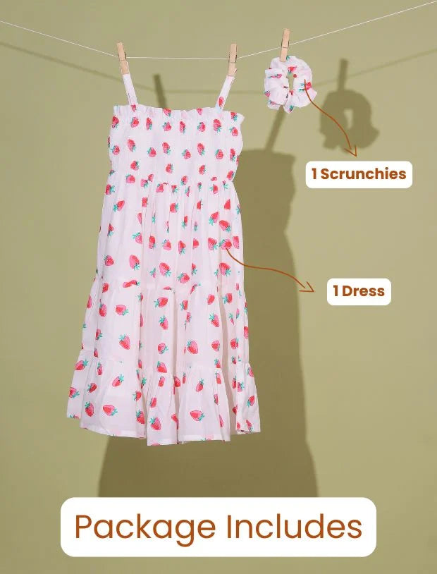 Strawberry Printed Summer Dress for Girls Kids with Matching Scrunchies (Red)-Tweeny Mini