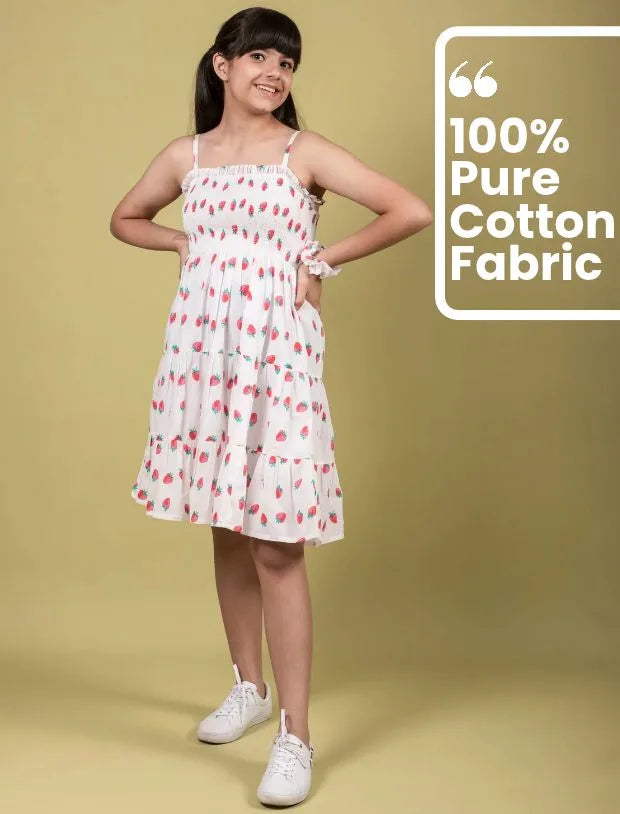 Strawberry Printed Summer Dress for Girls Kids with Matching Scrunchies (Red)-Tweeny Mini
