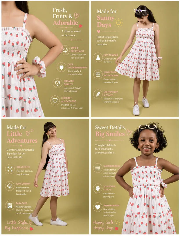 Strawberry Printed Summer Dress for Girls Kids with Matching Scrunchies (Red)-Tweeny Mini
