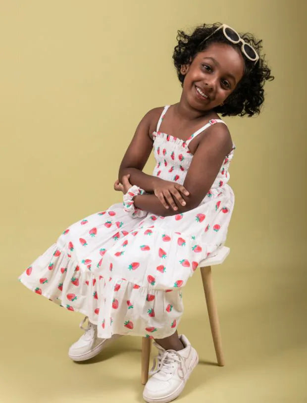 Strawberry Printed Summer Dress for Girls Kids with Matching Scrunchies (Red)-Tweeny Mini