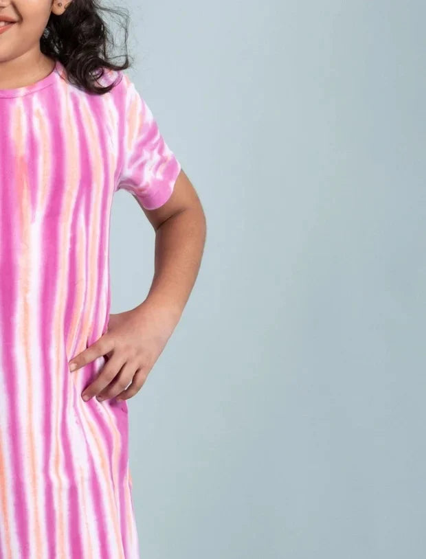Striped A-line Tie Dye Dress (Mid-thigh, Pink-Tweeny Mini